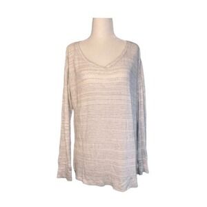 Cupio Ribbed Knit Sweater White Gray Soft Gauzy Knit Stripes Long Sleeve V-Neck